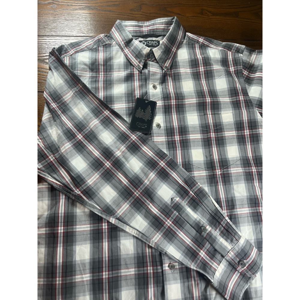 NEW CHAP'S Men's Gray Red Plaid Stretch Button Down Dress Pocket Shirt Large NWT